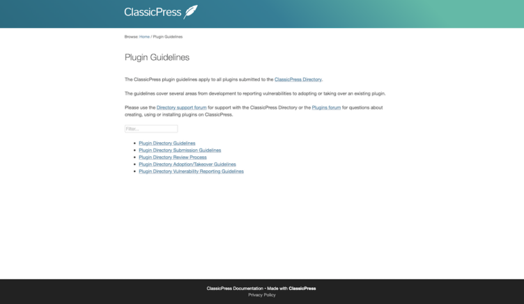 ClassicPress Documentation Plugin Guidelines Screen